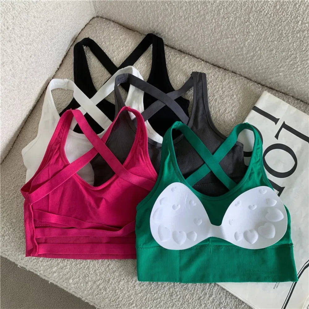 Sexy Back Cross Women Sexy Tops Thread with Breast Pads Sports Gym Bra Gathering Korean Version Camisoles Outdoor