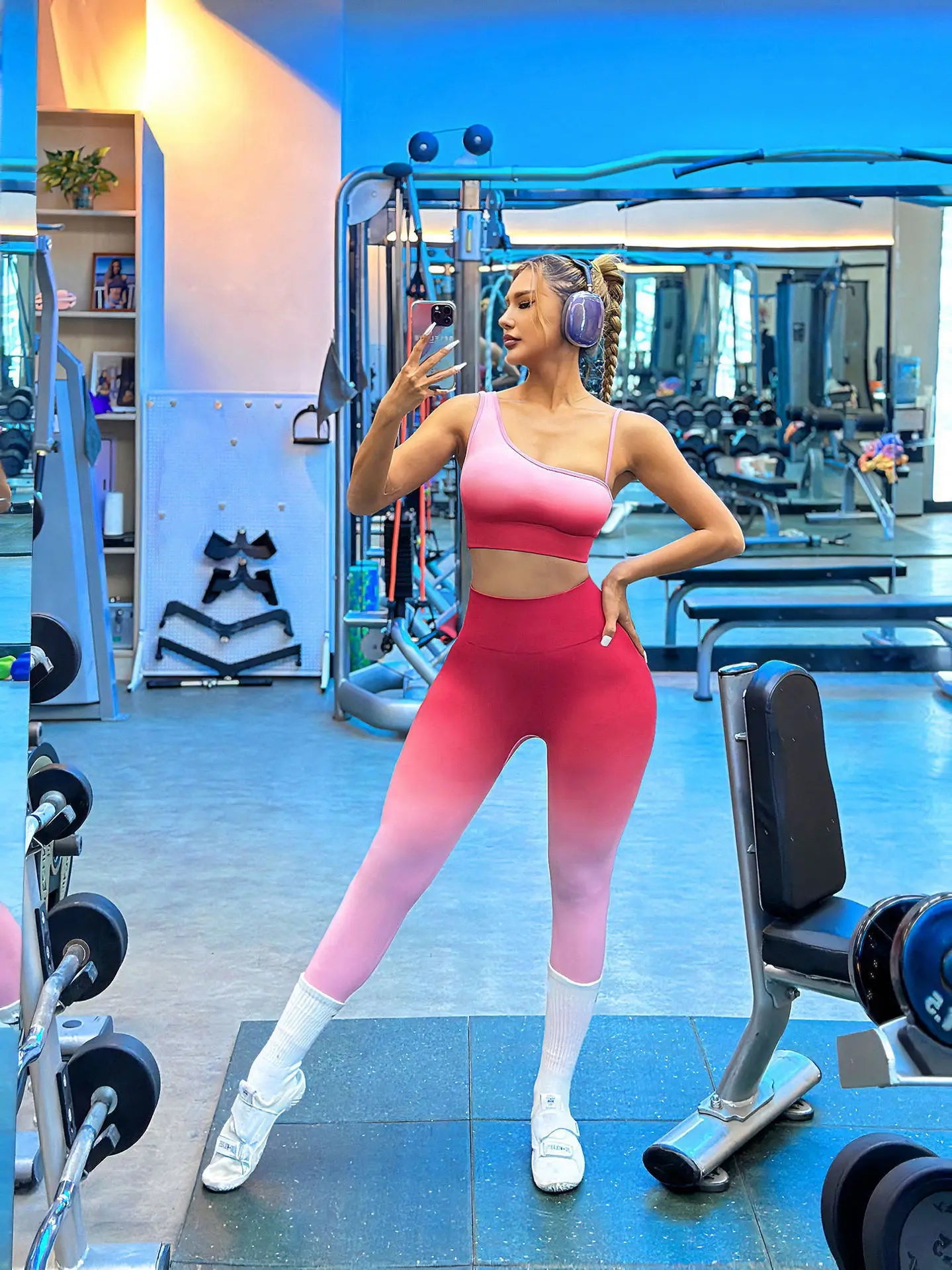 Pmwrun Women's Active Wear Set Seamless Dye Tie Dye Set Beautiful Back Yoga Bra Suspender High Waist Hip Lift Yoga Pants Set