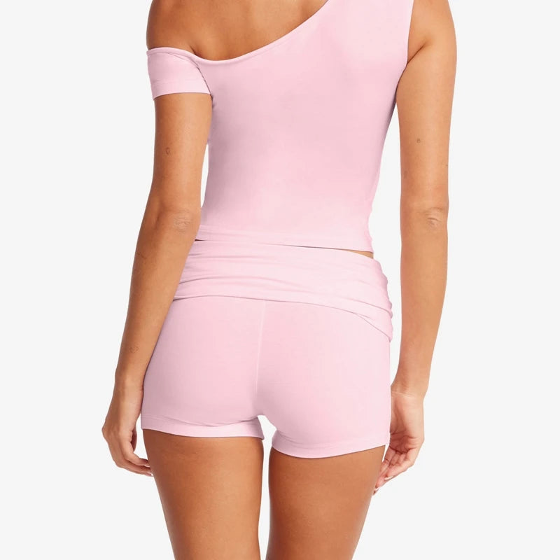 Maemukilabe Workout Outfits 2 Piece Set One Shoulder Crop Tops T-shirt + Fold High Waist Shorts Women Yoga Fittness Matching Set
