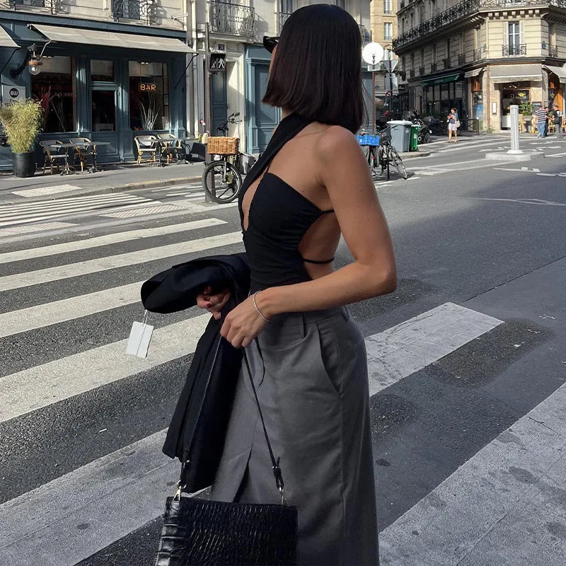 Leosoxs Fashion Bandage Sexy Cut Out Backless Bodysuits Elegant Outfits Slim Asymmetrical Top Streetwear One Piece Clothes