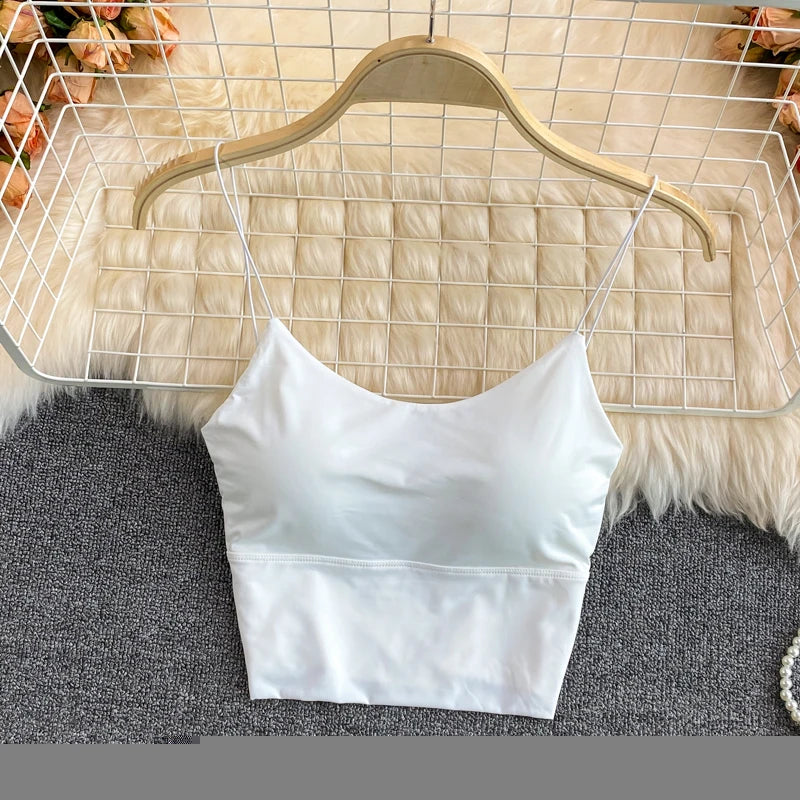 Women Crop Tops Sexy Solid Color Camisole Ice Silk Tube Top Seamless Sports Tank Top Wireless Underwear Padded Bra Bralette Vest