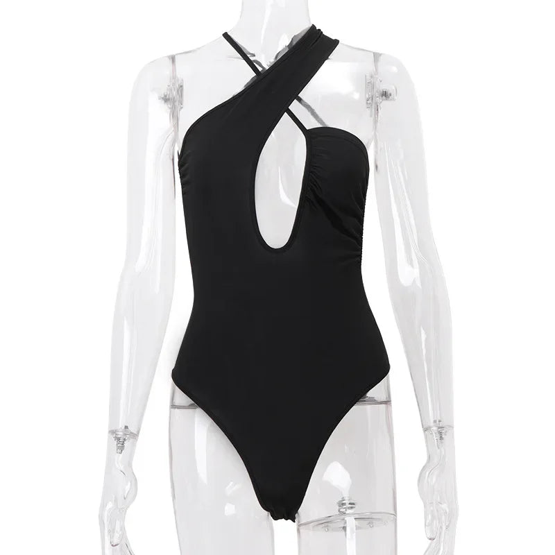 Leosoxs Fashion Bandage Sexy Cut Out Backless Bodysuits Elegant Outfits Slim Asymmetrical Top Streetwear One Piece Clothes