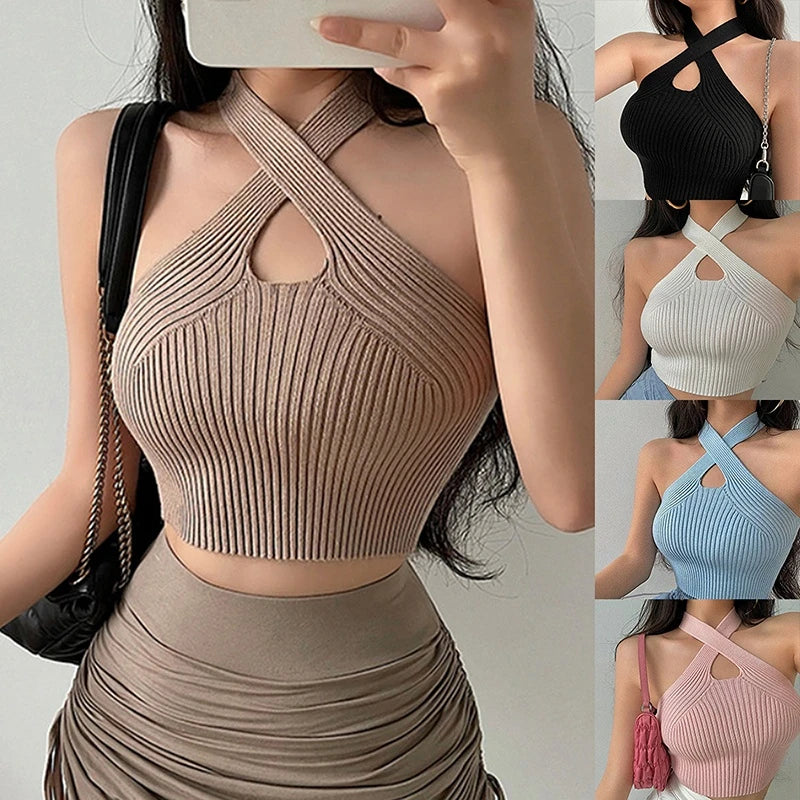 Sexy Cross Vest Crop Tops Women Sports T-shirt Knitted Off Shoulder V-Neck Solid Backless Tank Vest Halter y2k Top Camisole 2023