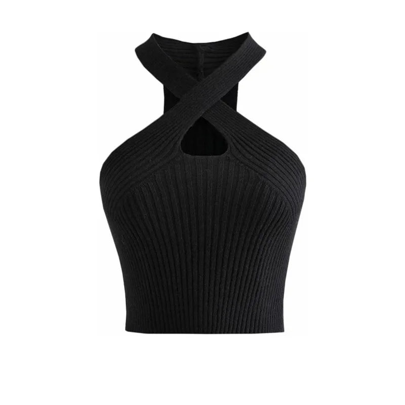 Sexy Cross Vest Crop Tops Women Sports T-shirt Knitted Off Shoulder V-Neck Solid Backless Tank Vest Halter y2k Top Camisole 2023