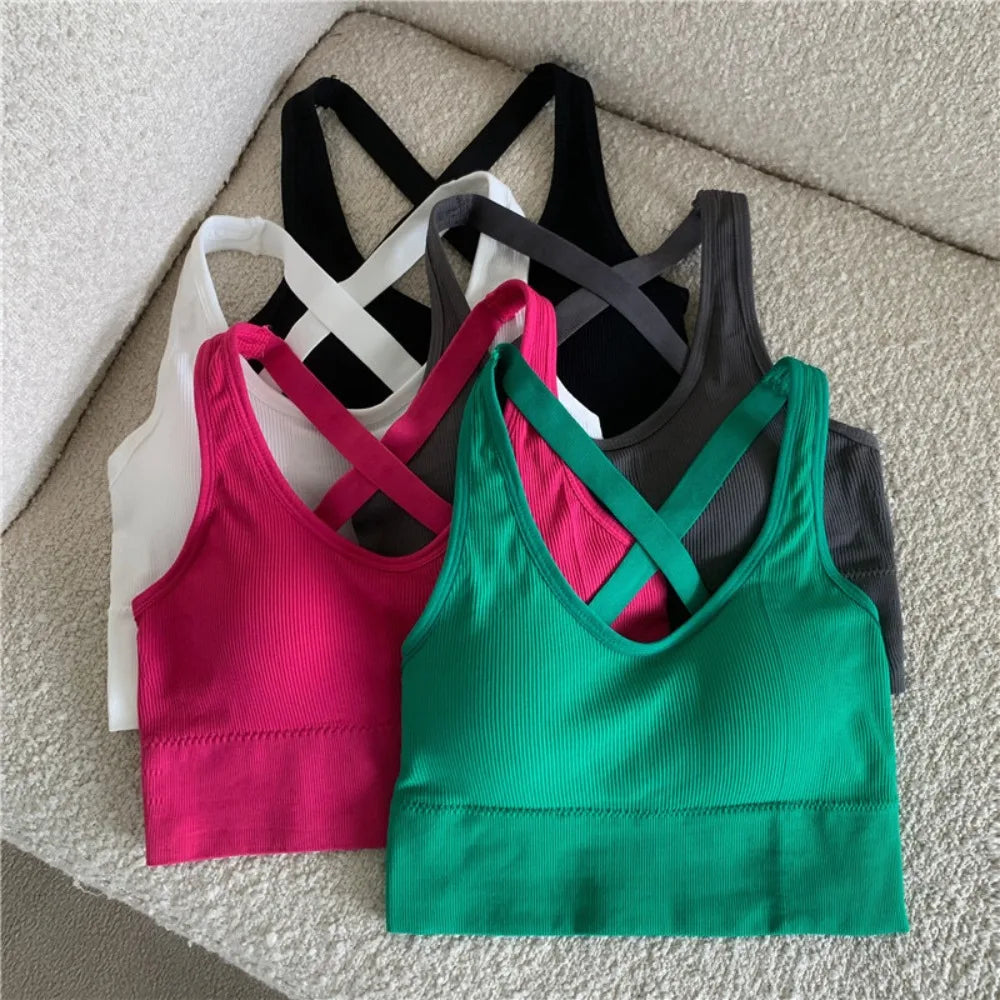 Sexy Back Cross Women Sexy Tops Thread with Breast Pads Sports Gym Bra Gathering Korean Version Camisoles Outdoor