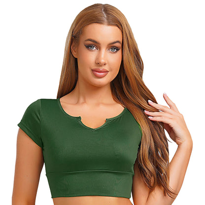 Womens V-Neck Cropped T-Shirt Top Slim Fitted Casual Vest Tops with Chest Pads Tight Fitting Short Yoga Sports Workout Crop Top