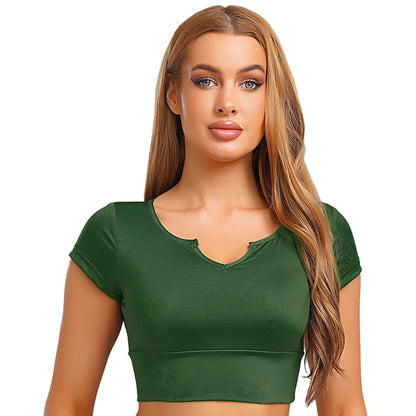 Womens V-Neck Cropped T-Shirt Top Slim Fitted Casual Vest Tops with Chest Pads Tight Fitting Short Yoga Sports Workout Crop Top