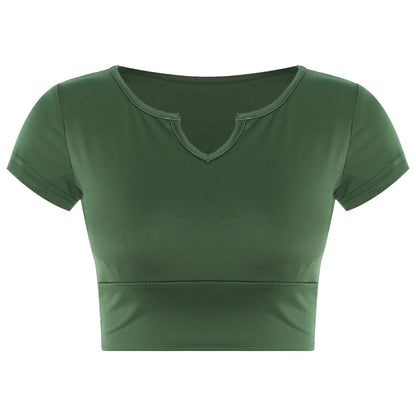 Womens V-Neck Cropped T-Shirt Top Slim Fitted Casual Vest Tops with Chest Pads Tight Fitting Short Yoga Sports Workout Crop Top