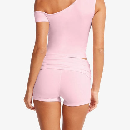 Maemukilabe Workout Outfits 2 Piece Set One Shoulder Crop Tops T-shirt + Fold High Waist Shorts Women Yoga Fittness Matching Set