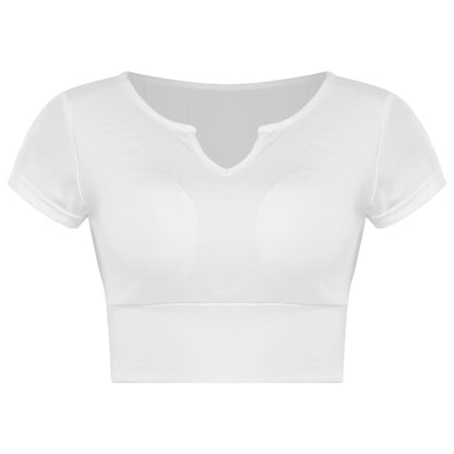 Womens V-Neck Cropped T-Shirt Top Slim Fitted Casual Vest Tops with Chest Pads Tight Fitting Short Yoga Sports Workout Crop Top
