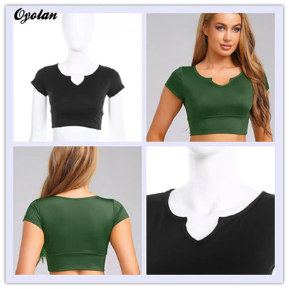 Womens V-Neck Cropped T-Shirt Top Slim Fitted Casual Vest Tops with Chest Pads Tight Fitting Short Yoga Sports Workout Crop Top