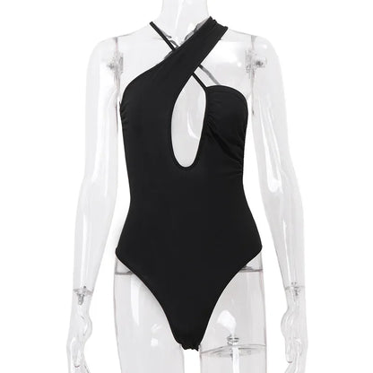 Leosoxs Fashion Bandage Sexy Cut Out Backless Bodysuits Elegant Outfits Slim Asymmetrical Top Streetwear One Piece Clothes