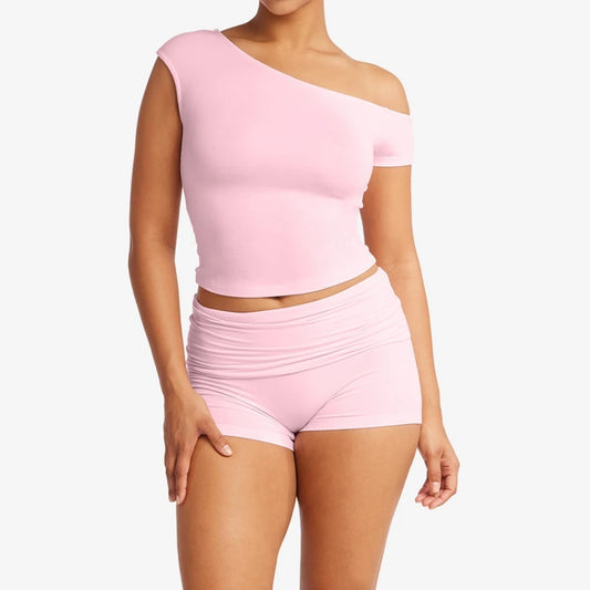 Maemukilabe Workout Outfits 2 Piece Set One Shoulder Crop Tops T-shirt + Fold High Waist Shorts Women Yoga Fittness Matching Set