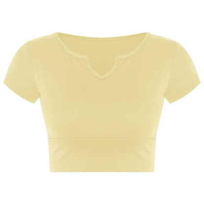 Womens V-Neck Cropped T-Shirt Top Slim Fitted Casual Vest Tops with Chest Pads Tight Fitting Short Yoga Sports Workout Crop Top